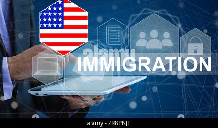 Concept de l'immigration aux États-Unis avec bouton virtuel d'appui Banque D'Images