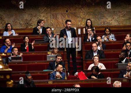 Paris, France. 20th juin 2023. Damien Maudet (la France insoumise) prononce des discours à l'Assemblée nationale au cours de la session de questions au gouvernement. Séance de questions pour le gouvernement d'Elisabeth porté à l'Assemblée nationale, au Palais Bourbon à Paris. (Credit image: © Telmo Pinto/SOPA Images via ZUMA Press Wire) USAGE ÉDITORIAL SEULEMENT! Non destiné À un usage commercial ! Banque D'Images