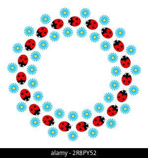 Cadre d'été décoratif rond avec coccinelles et modèle de motif fleurs bleues. Illustration de Vecteur