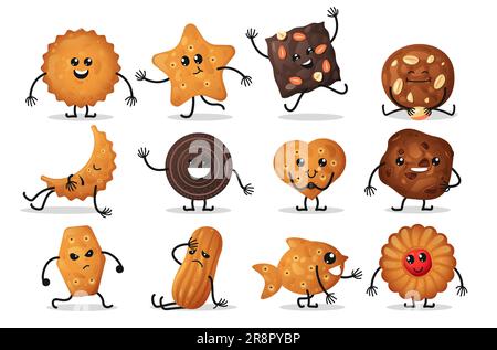 Personnages de cartoon Cracker. Petits gâteaux mignons avec des expressions, visages drôles de la nourriture sucrée avec des émotions et des gestes. Jeu vectoriel de biscuits de caractères Illustration de Vecteur