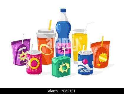 Boissons sucrées avec pailles. Mignons pailles en plastique colorées pour le thé froid, smoothie et boissons pop, éléments de boisson en verre d'été. iso vectoriel Illustration de Vecteur