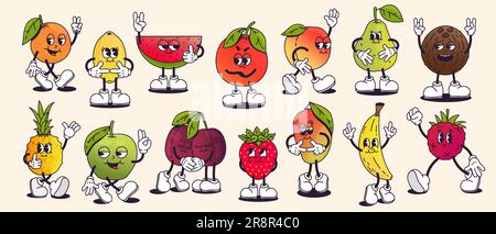 Fruits de dessin animé rétro. Dessin animé mignon pomme, orange et pamplemousse visages, groovy comics personnages différentes poses, fruits avec l'émotion heureuse. vecteur isol Illustration de Vecteur