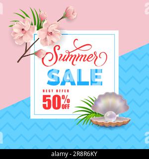 Lettrage été avec perles en coquillages et brindilles de fleurs Illustration de Vecteur