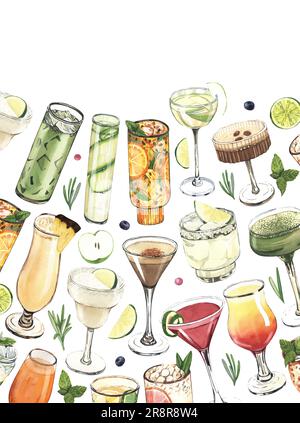 Cadre aquarelle, verres à cocktail : martini, gin, margarita, mojito, liqueur, rhum, mule de moscou. Illustration dessinée à la main isolée sur fond blanc Banque D'Images