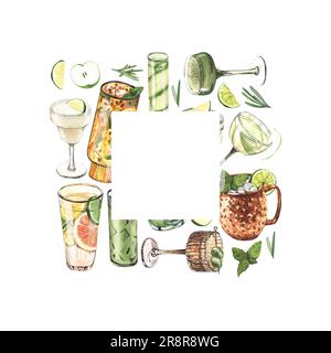 Cadre aquarelle, verres à cocktail : martini, gin, margarita, mojito, liqueur, rhum, mule de moscou. Illustration dessinée à la main isolée sur fond blanc Banque D'Images