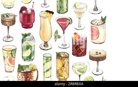 Cadre aquarelle, verres à cocktail : martini, gin, margarita, mojito, liqueur, rhum, mule de moscou. Illustration dessinée à la main isolée sur fond blanc Banque D'Images