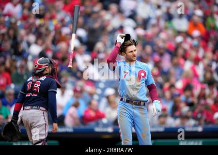 Philadelphia Phillies' Jake Cave plays during a baseball game, Thursday,  April 20, 2023, in Philadelphia. (AP Photo/Matt Slocum Stock Photo - Alamy