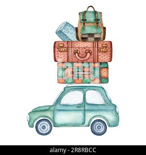 Jolie vieille voiture bleue pour un petit voyage à travers la campagne. La voiture est chargée de bagages pour le voyage. Valises, tapis de voyage et sac à dos Banque D'Images