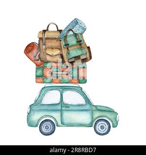 Jolie vieille voiture bleue pour un petit voyage à travers la campagne. La voiture est chargée de bagages pour le voyage. Valise, sacs à dos, tapis de voyage et tente Banque D'Images