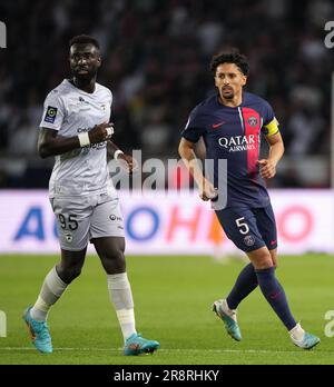 Marquinhos de PSG et Grejohn Kyei de Clermont lors du match de la Ligue 1 entre Paris Saint Germain et Clermont foot au Parc des Princes, Paris, France Banque D'Images