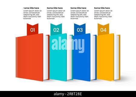 Modèle d'infographie avec 4 options ou étapes. Livres. Peut être utilisé pour la mise en page de flux de travail, le diagramme, la bannière, la conception Web. Illustration vectorielle Illustration de Vecteur