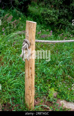 poteau en bois d'acacia avec corde, main courante, clôture dans le jardin. Banque D'Images