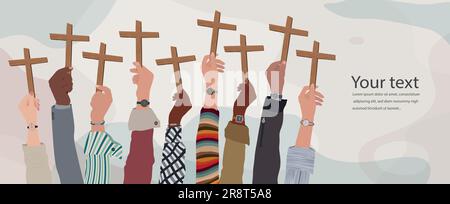 Les mains du peuple chrétien multiculturel élevé tenant un crucifix en bois. Adoration chrétienne.prière ou chant. Concept de foi et d'espérance en Jésus-Christ Illustration de Vecteur