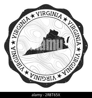 Timbre extérieur Virginie. Autocollant rond avec carte de l'état des États-Unis avec isolines topographiques. Illustration vectorielle. Illustration de Vecteur