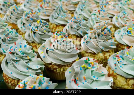 gâteau ou muffin à la vanille dépolie arc-en-ciel et saupoudrés Banque D'Images