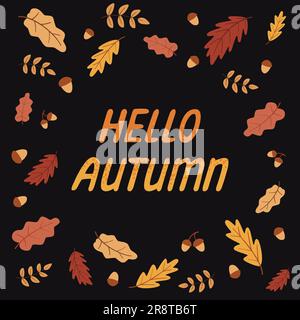 Légende Bonjour automne avec des feuilles et des noix Illustration de Vecteur