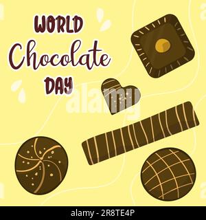 Modèle de conception de la Journée mondiale du chocolat. Blocs de chocolat. Poste avec desserts au chocolat. Illustration vectorielle de style dessin animé. Illustration de Vecteur