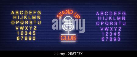 Lettre « Stand up Club » à l'alphabet néon avec microphone sur fond de brique. Conception de modèle de panneau d'affichage Illustration de Vecteur