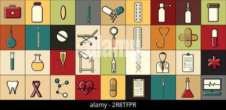 Un grand ensemble magnifique de produits médicaux et d'outils de pharmacie ou de cabinet de médecin, des comprimés thermomètres seringues flacons sur le fond de multi-couleur sq Illustration de Vecteur