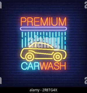 Lave-auto de qualité supérieure, texte au néon et voiture sous la douche Illustration de Vecteur