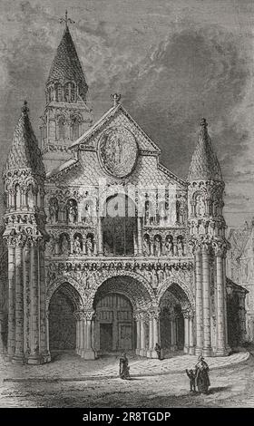 Poitiers, France. Église notre-Dame-la-Grande. Style roman. Gravure. 'Les Arts au Moyen Age et l'Epoque de la Renaissance', par Paul Lacroix. Paris, 1877. Banque D'Images