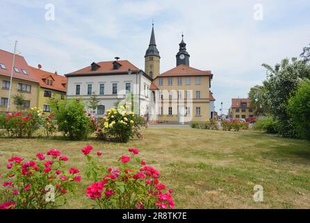 Vue sur le marché et la mairie de Bürgel, Allemagne Banque D'Images