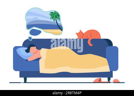 Homme rêvant de la mer et dormant sur un canapé avec chat Illustration de Vecteur