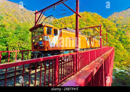 Chemin de fer de la gorge de Kurobe, pont Yamabikobashi et train à trolley en automne Banque D'Images