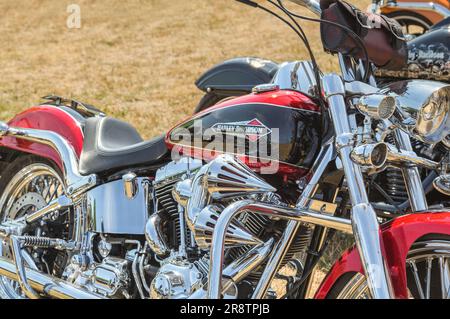 Le moteur chromé d'une Harley Davidson garée brille au soleil lors d'une rencontre de motards. Liberté, Road trip, aventure, style de vie ou concept de voyage. Banque D'Images