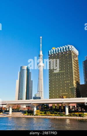 La tour Tokyo Skytree et la tour Asahi Beer dominant un ciel bleu Banque D'Images