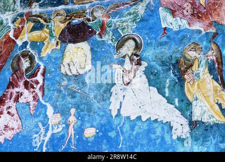 Commune d'Arabore, comté de Suceava, Roumanie, env. 1998. Fresque à l'extérieur du monastère d'Arbore, monument historique de 1502. Banque D'Images