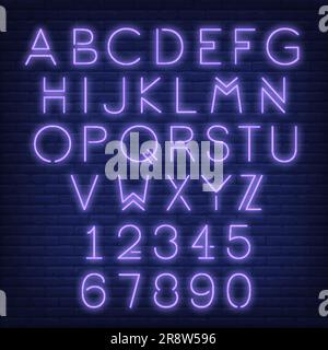 Alphabet et chiffres anglais. Signe néon avec lettres violettes Illustration de Vecteur