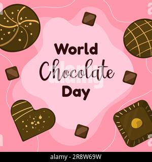 Modèle de conception de la Journée mondiale du chocolat. Blocs de chocolat. Poste avec desserts au chocolat. Illustration vectorielle de style dessin animé. Illustration de Vecteur