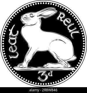 Argent irlandais argent pré-décimal argent pièce de Threepence avec lièvre irlandais au verso. Image en noir et blanc Illustration de Vecteur