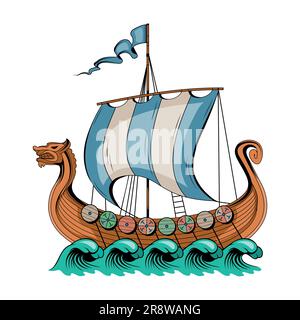 Drakkar navire. Illustration vectorielle d'un navire de guerre viking, scandinave avec une tête de dragons Illustration de Vecteur