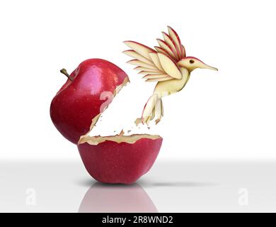 Concept innovant de percée comme pomme rouge transformant par l'innovation et l'évolution en oiseau volant comme métaphore d'affaires. Banque D'Images