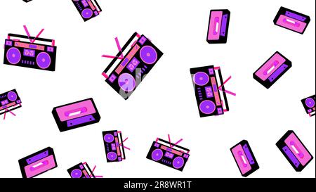 Texture sans couture de l'ancien rétro hipstersih élégant lecteur de cassettes audio de musique isométrique pour écouter des cassettes audio des années 70, Illustration de Vecteur