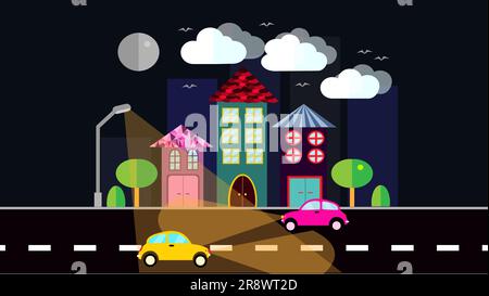 Une ville de nuit, une petite ville de style plat avec des maisons avec un toit en tuile incliné, des voitures avec des lumières, des arbres, des oiseaux, des nuages, lune, route, lanterne lumineuse allumée Illustration de Vecteur