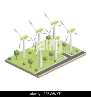 Parc d'éoliennes. Générateur de puissance isométrique. Illustration vectorielle. Enéergy propre. Illustration de Vecteur