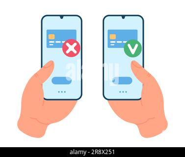 Icône d'annulation et d'approbation de paiement par carte de crédit dans l'application mobile. Mains tenant le smartphone. Paiement numérique. Application bancaire. Transaction financière. M Illustration de Vecteur
