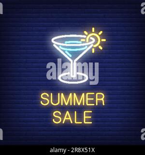 Solde d'été texte néon avec cocktail Illustration de Vecteur