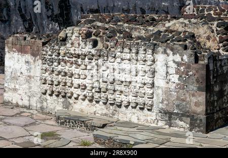 Mur de crânes de pierre appelé Tzompantli, site archéologique et musée de Templo Mayor, Mexico, Mexique Banque D'Images