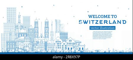 Bienvenue en Suisse. Outline City Skyline avec Blue Buildings. Illustration vectorielle. Architecture moderne et historique. Suisse mince Illustration de Vecteur