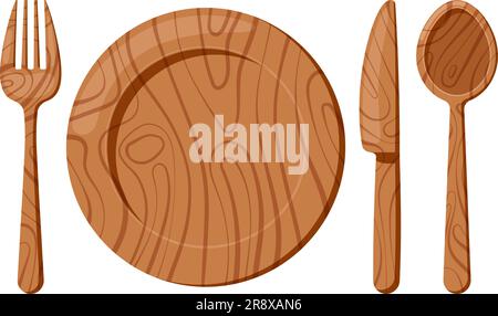 Assiette en bois avec ensemble de fourchettes à couteau à cuillère isolé sur fond blanc. Vue de dessus couverts en bois brun et plaque de service pour gabarit de conception alimentaire Illustration de Vecteur