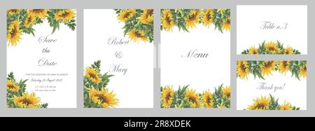 Ensemble aquarelle de tournesols modèle. Illustration peinte à la main sur fond blanc. Élément de design de décoration florale pour l'impression de mariage. Banque D'Images