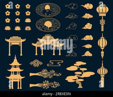 Ensemble d'éléments décoratifs asiatiques Illustration de Vecteur