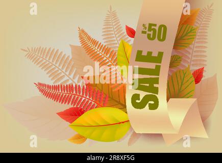 Vente, moins cinquante pour cent lettrage, feuilles jaune et orange Illustration de Vecteur