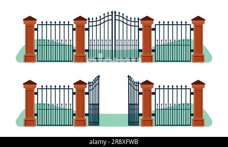 Clôture en fer avec portes ouvertes et fermées et poteaux en pierre. Clôtures en métal forgé. Décoration tourbillon forgée. Construction de bordures de jardin en acier. Entrée de cour. Illustration de Vecteur