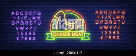 Alphabet au néon et emblème de poulet sur fond de brique. Conception de modèle de panneau d'affichage Illustration de Vecteur