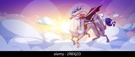 Pilote sur le dragon de fantaisie dans le ciel magique. Lever de soleil aventure chinoise en vol dans les nuages magnifique paysage de conte de fées avec la bête mythique et le guerrier. Caractère magique avec ailes et cornes Illustration de Vecteur